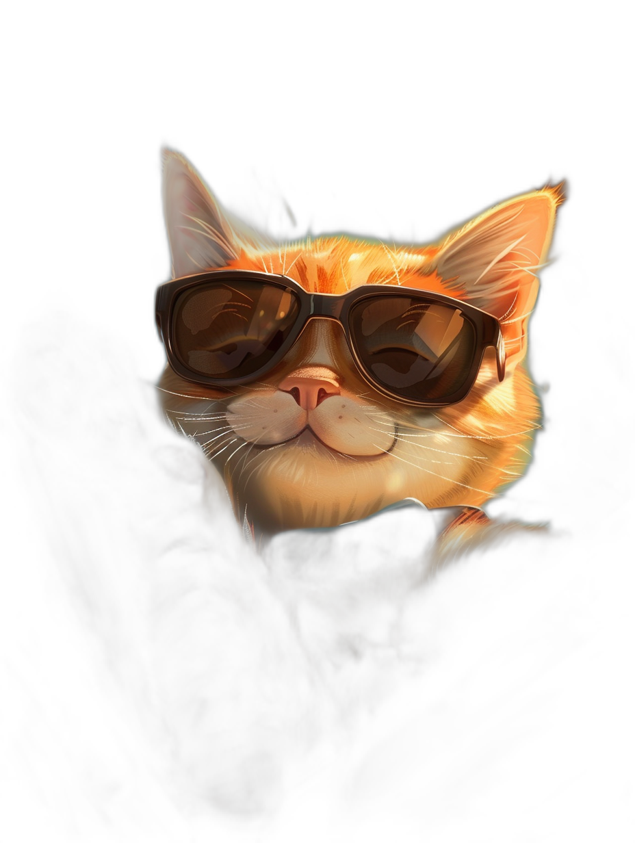 digital art of cute and cool orange cat wearing sunglasses , black background, warm light , portrait view