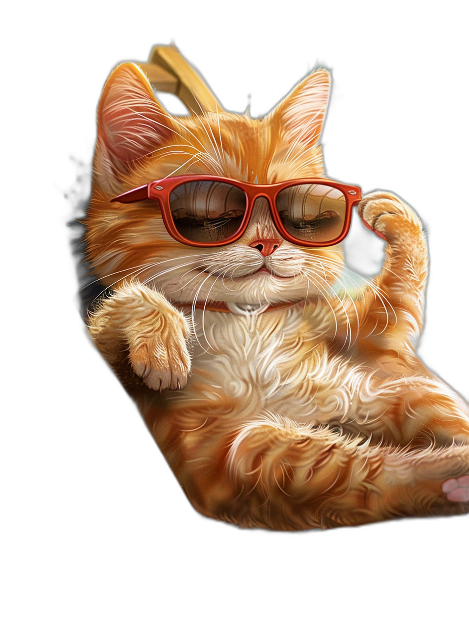 digital art of cute and fat orange cat wearing red sunglasses , holding one leg up on black background, chill out pose , digital painting style