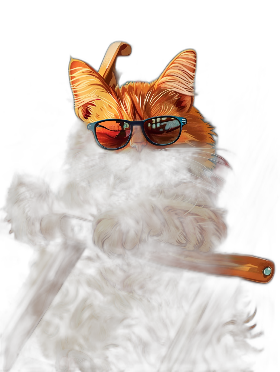 A digital art portrait of an orange cat with black sunglasses, sitting on top of the wooden handle for hockey sticks, isolated in a dark background. The cat has its tongue out and is holding onto one end of the stick while wearing blue shades.