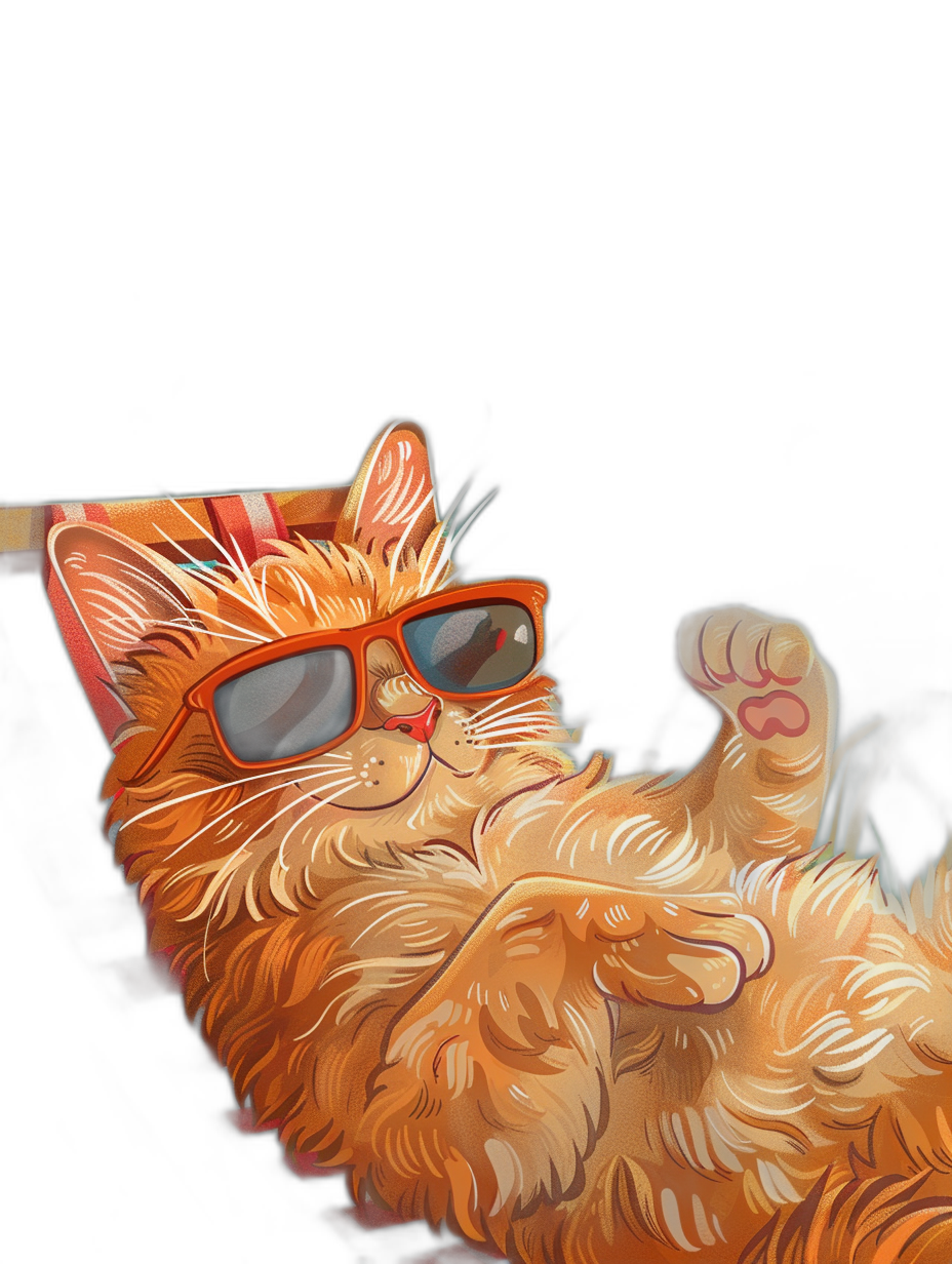 digital art of cute and fat orange cat wearing sunglasses , the orange Cat is lying on sofa, one paw up in air with thump finger pointing to sky, black background , chilling happy and funny