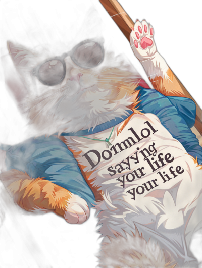 A digital illustration of an orange and white cat wearing sunglasses, holding up the words "+ dommel say your life" in his paws, lying on top of blue pillows with a black background, in the cute anime style.