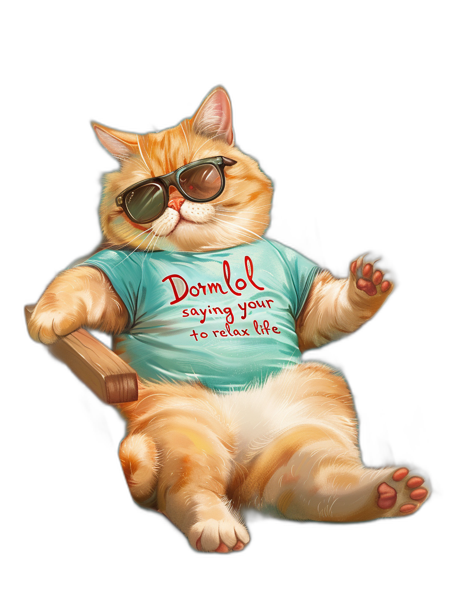 A funny fat cat with sunglasses and a t-shirt, with text “Doom lool saying your to relax life”, full body, black background, in the style of digital art.