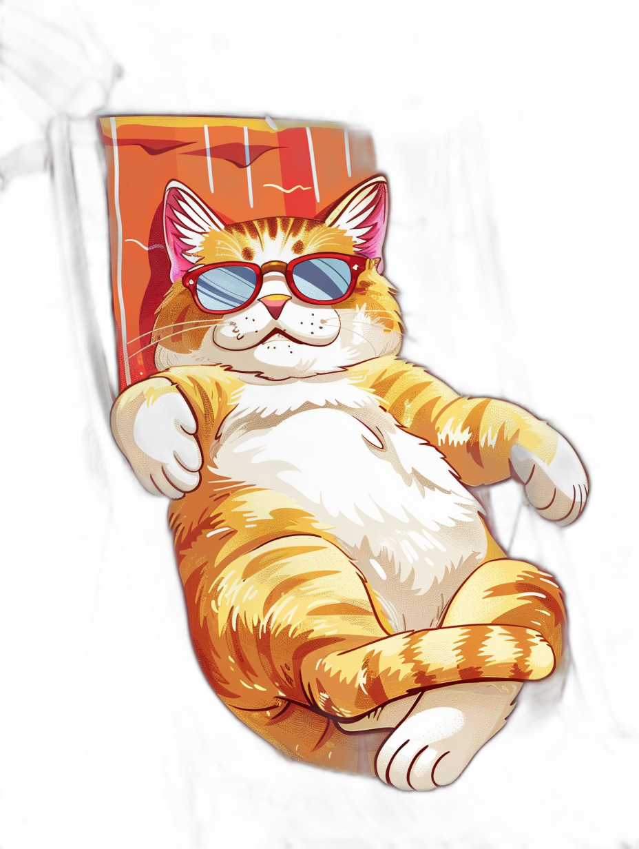 A cute fat orange and white cat wearing sunglasses lounging on an oversized chair, vector art, black background, in the style of cute.