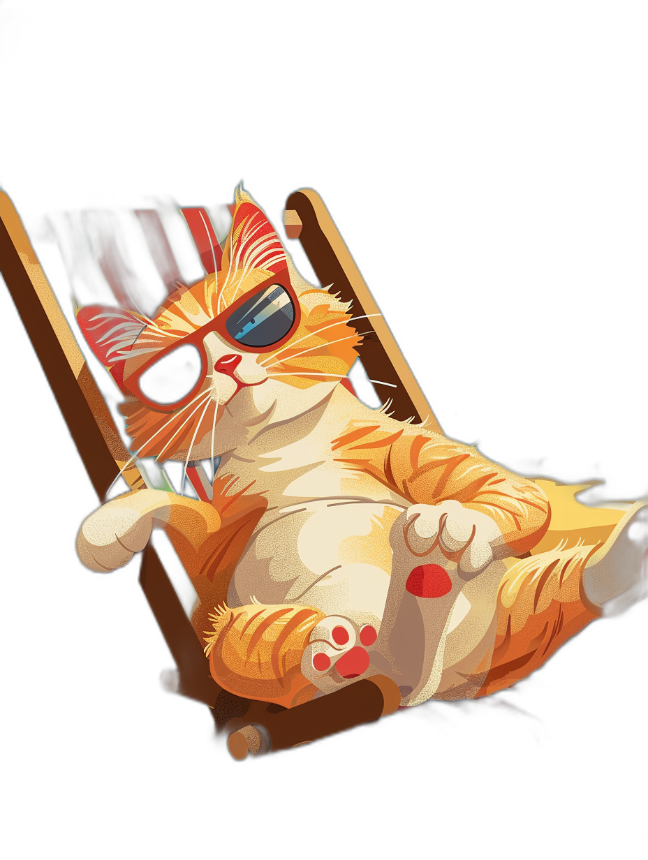 digital art of cute and fat orange cat , wear sunglasses, sitting on the wood chair with black background, chill out expression, sleeping with head slanting back, wearing red collar around neck, one leg up in air, simple style, minimalism, cartoon, anime style