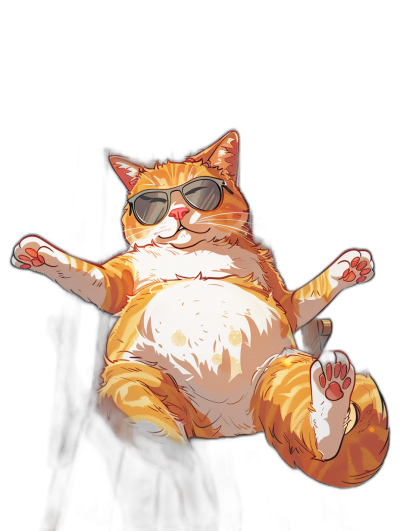 A full body shot of an orange and white fat cat wearing sunglasses, lying on his back with legs up in the air. The background is black. In the style of anime.