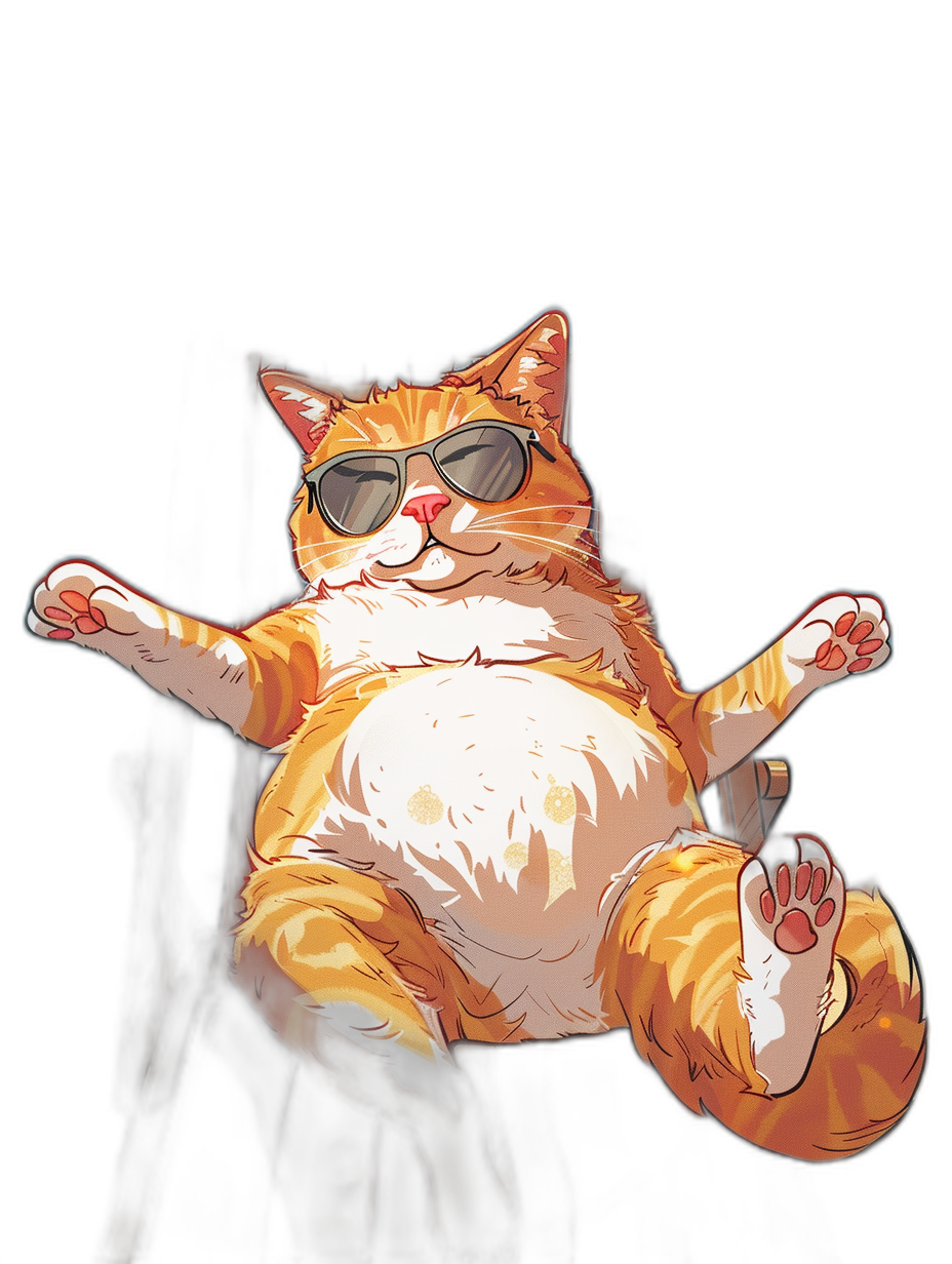 A full body shot of an orange and white fat cat wearing sunglasses, lying on his back with legs up in the air. The background is black. In the style of anime.