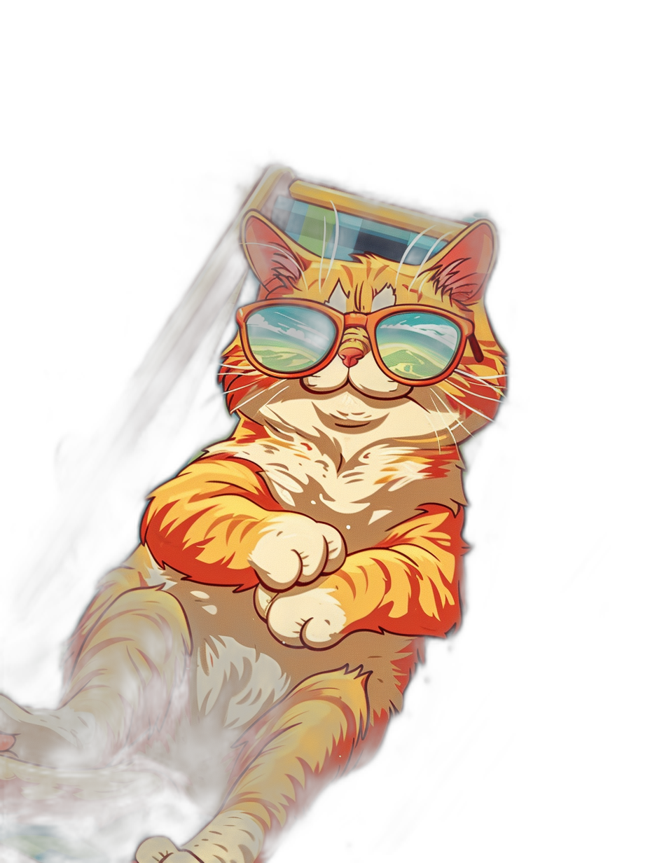 digital art of a cool fat orange cat, wearing sunglasses, lying on a beach chair with sun glasses against a black background in the style of cartoon with a bright color scheme