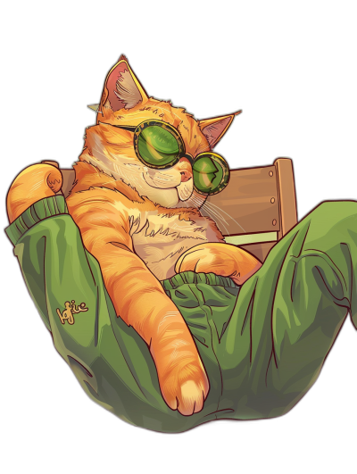 t-shirt design, vector contour, smug orange cat lying on his back in an armchair wearing dark green pants and a yellow shirt, in the style of Pixar, with a black background, detailed character illustrations, Pixar quality