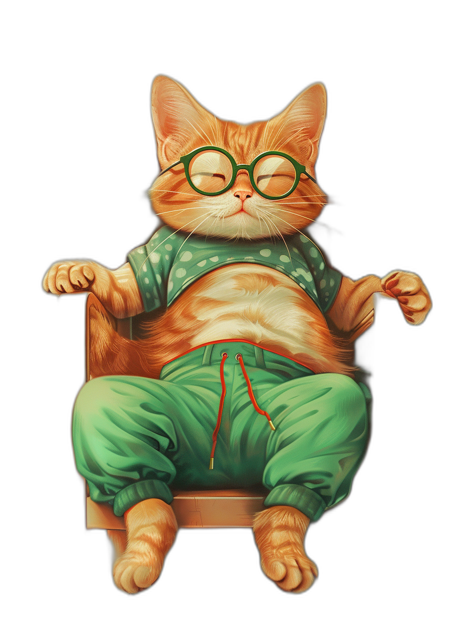 a red cat with green pajamas and glasses, sitting on the chair , sleeping in digital illustration style, full body, black background, cartoon, hyper realistic, hyper detailed