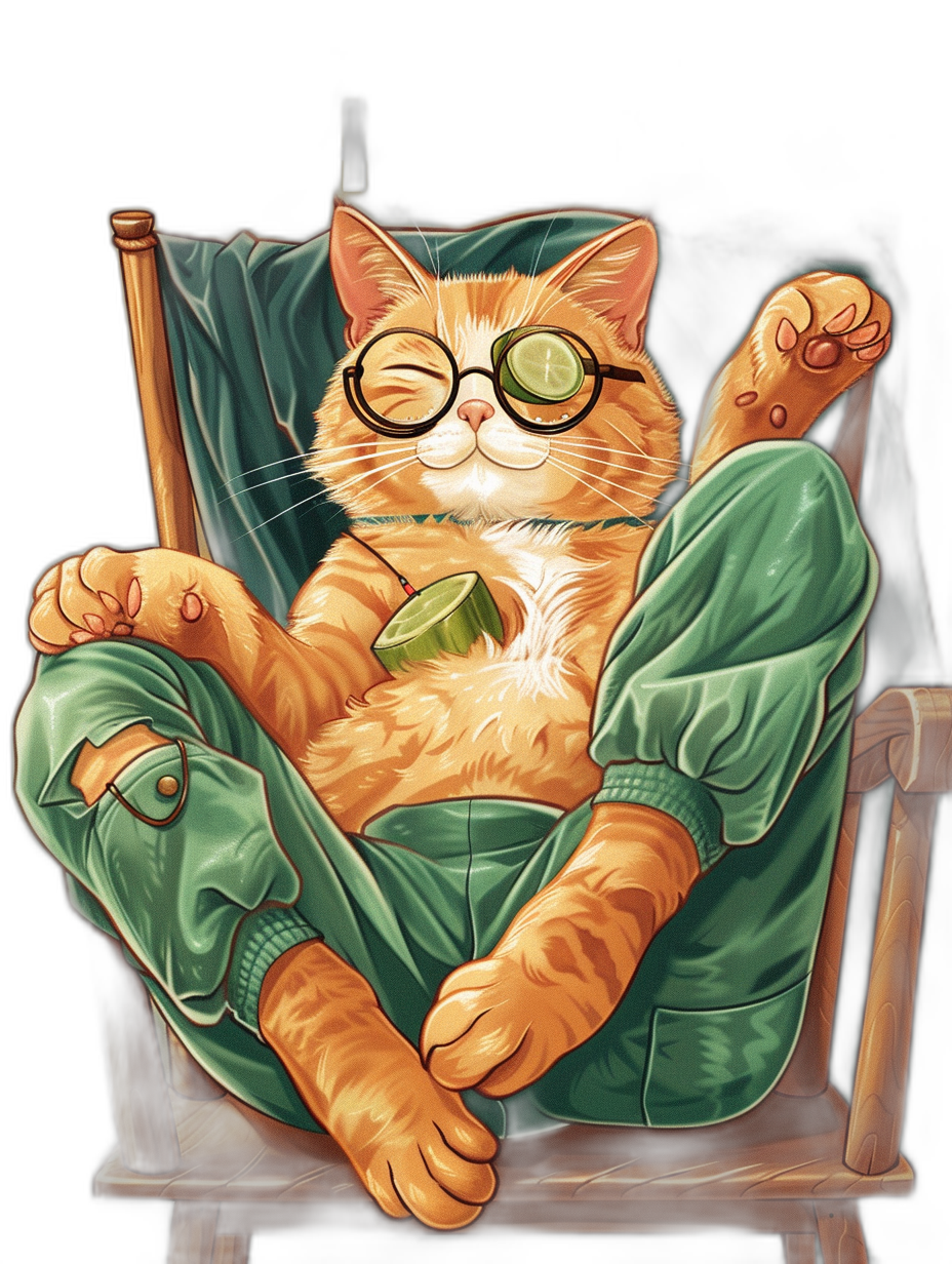 a cartoon illustration of an orange cat wearing glasses and green pants lounging in chair with legs crossed, dark background, cute, adorable, intricately-detailed, delicate, beautiful, stunning, breathtaking, intricate detail, insanely high details