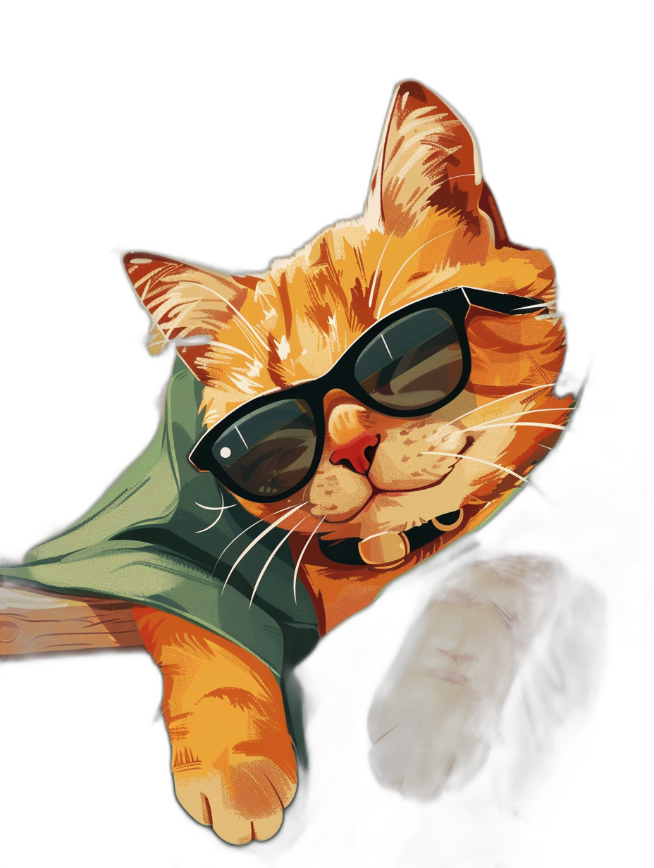 digital art of cool and fat orange cat , wearing sunglasses with green tshirt, black background , chill smile , cute an adorable on the dark plain Background in digital painting style