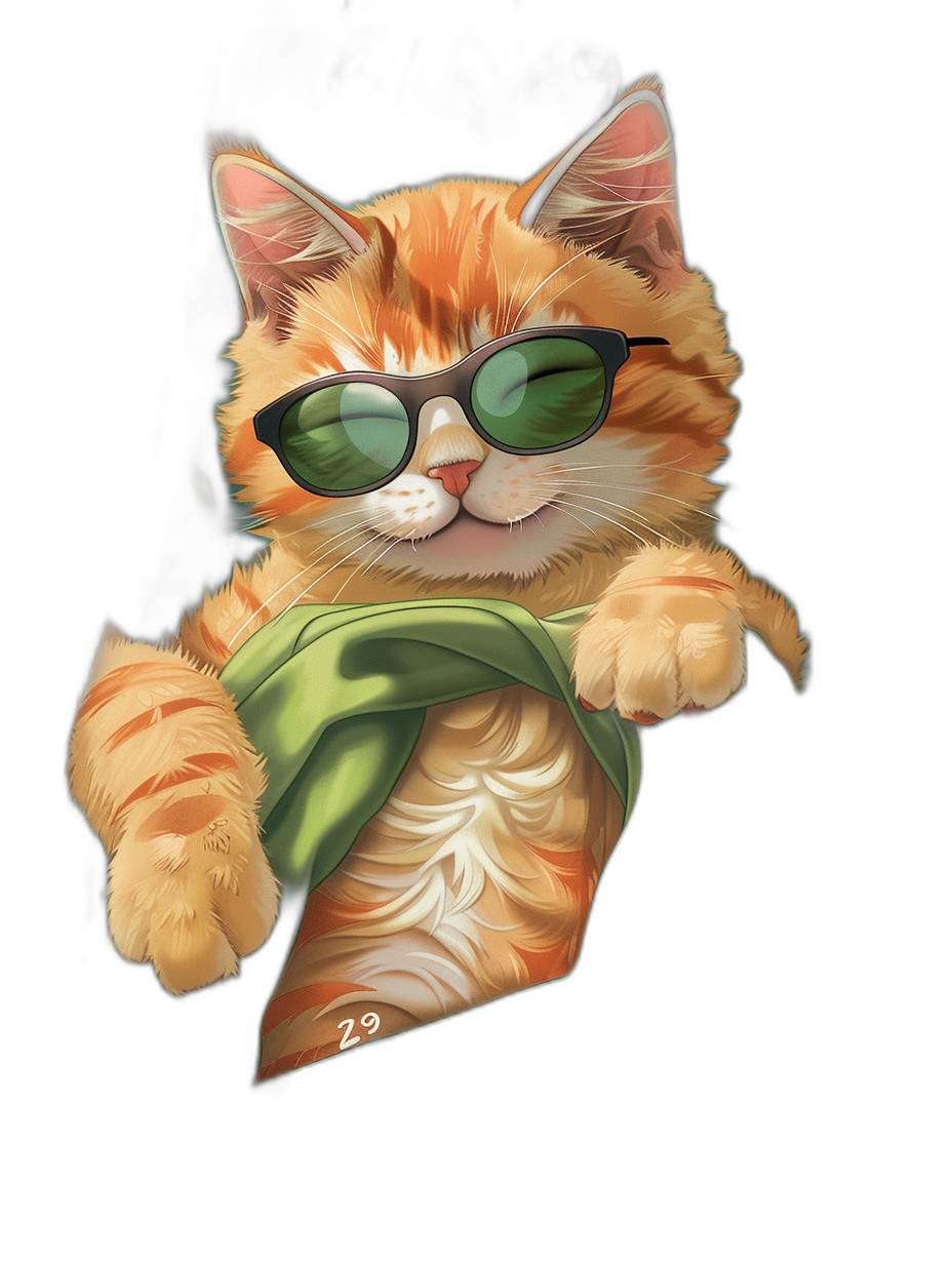 digital art of cool fat orange cat , wearing sunglasses and green scarf, holding tshirt in paws , black background , minimalistic style , chill happy smile expression , cute