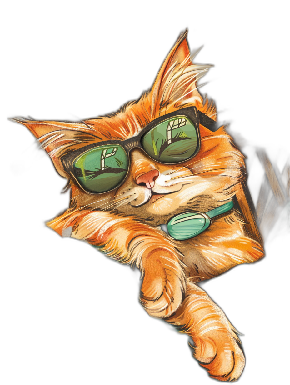 digital art of cool and fat orange cat , wear sunglasses with green color wayfarer, hand up on black background , chilling happy and funny