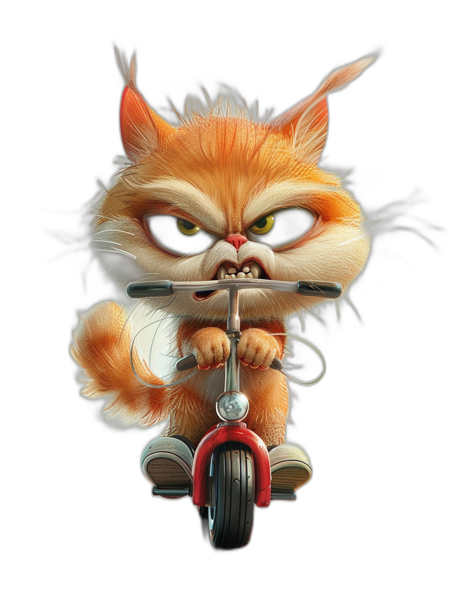 realistic cartoon illustration of an angry cat riding on a scooter, isolated on a black background, in the style of Chris Clor and [Tiago Hoisel](https://goo.gl/search?artist%20Tiago%20Hoisel)