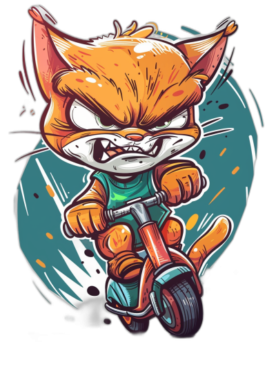 t-shirt design, Cool Orange Cat riding an e-bike with angry face vector illustration in the style of cartoon style on black background, full body, high resolution, tshirt graphic, vivid colors