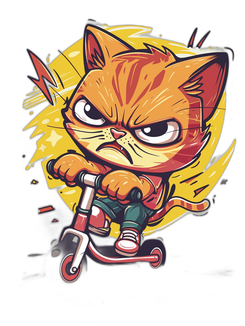 t-shirt design, cute chibi cat riding scooter with angry face, full body, black background, vibrant colors. The design shows a chibi cat riding a scooter with an angry facial expression, drawn in the full body on a black background using vibrant colors.