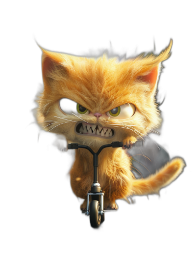 angry cute orange cat on scooter, in the style of Pixar, black background, high resolution, high details, high detail