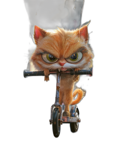 front view of an angry ginger cat riding on a scooter, black background, in the style of Pixar style cartoon, high resolution