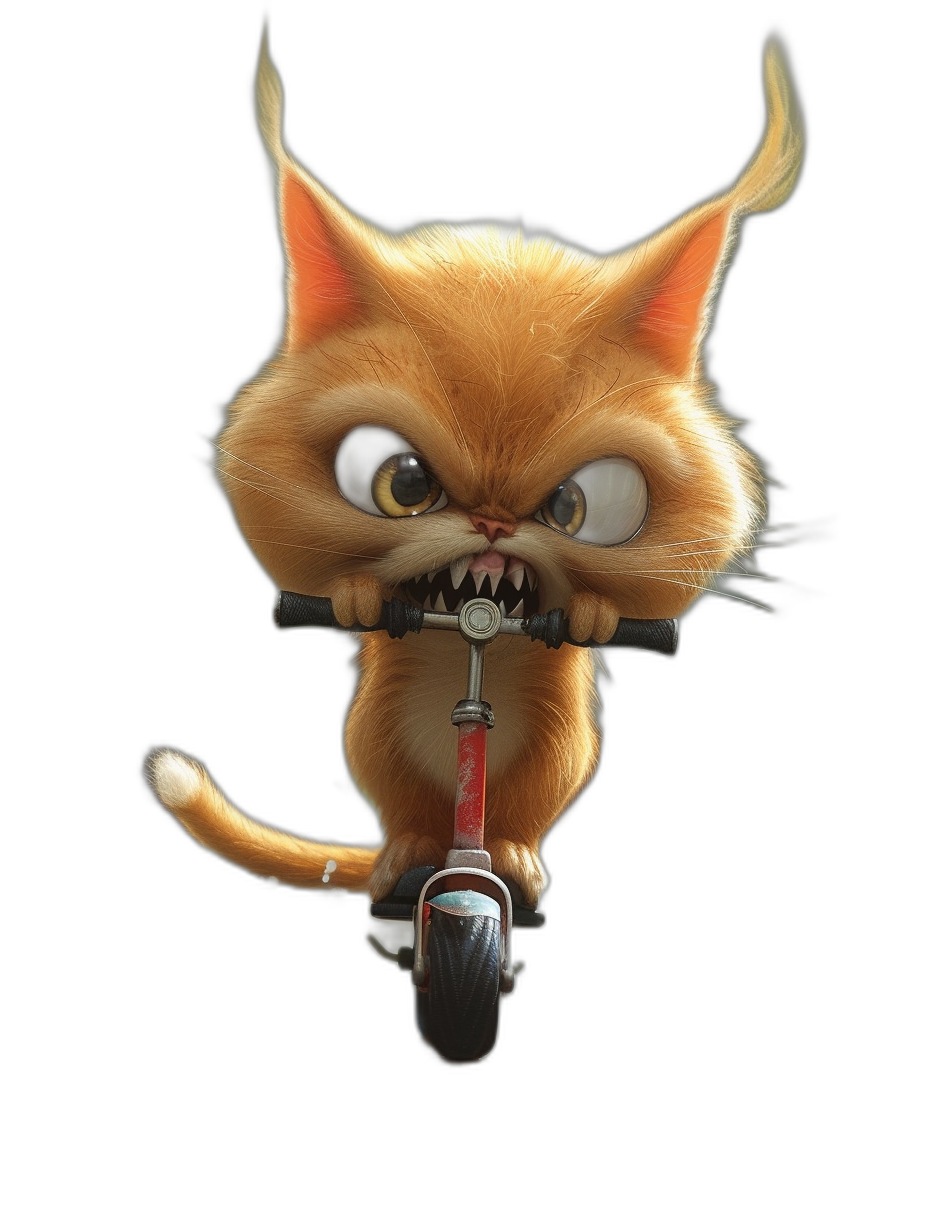 front view of an angry yet cute cat on a scooter, in the style of Pixar, cartoon character, black background, rendered in Octane, high resolution, hyper realistic, hyper detailed