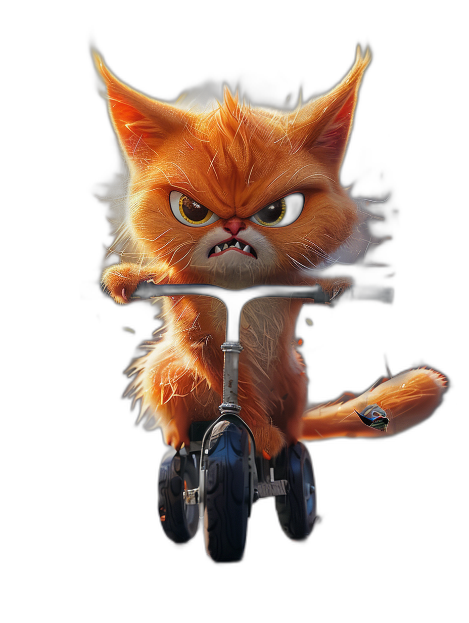 A cute orange cat riding an electric scooter with an angry expression and exaggerated facial features against a pure black background, in the style of Pixar, in the style of Disney, with octane rendering, in 3D, with high resolution, high detail, and high quality.