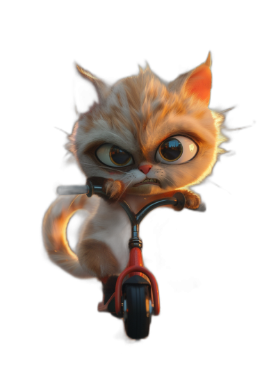 Cute cat riding a bike in the style of Pixar, Disney render with a black background, high resolution digital art with high detail and cinematic lighting. A close-up shot of a cute orange and white kitten on a red bicycle with bright colors. The fluffy tail has two tails and large expressive eyes with soft fur texture and an adorable expression. Studio lights give warm tones as the kitten is isolated on a dark background with a charming character design in a playful pose and whimsical atmosphere.