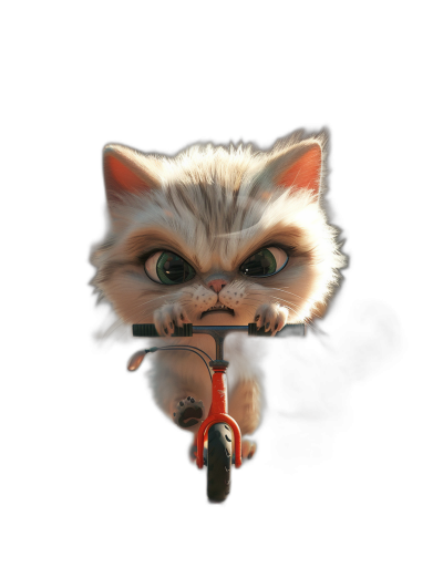 realistic cute cat riding scooter, big eyes, angry face, black background, in the style of Pixar, high resolution photo, high detail, hyper quality