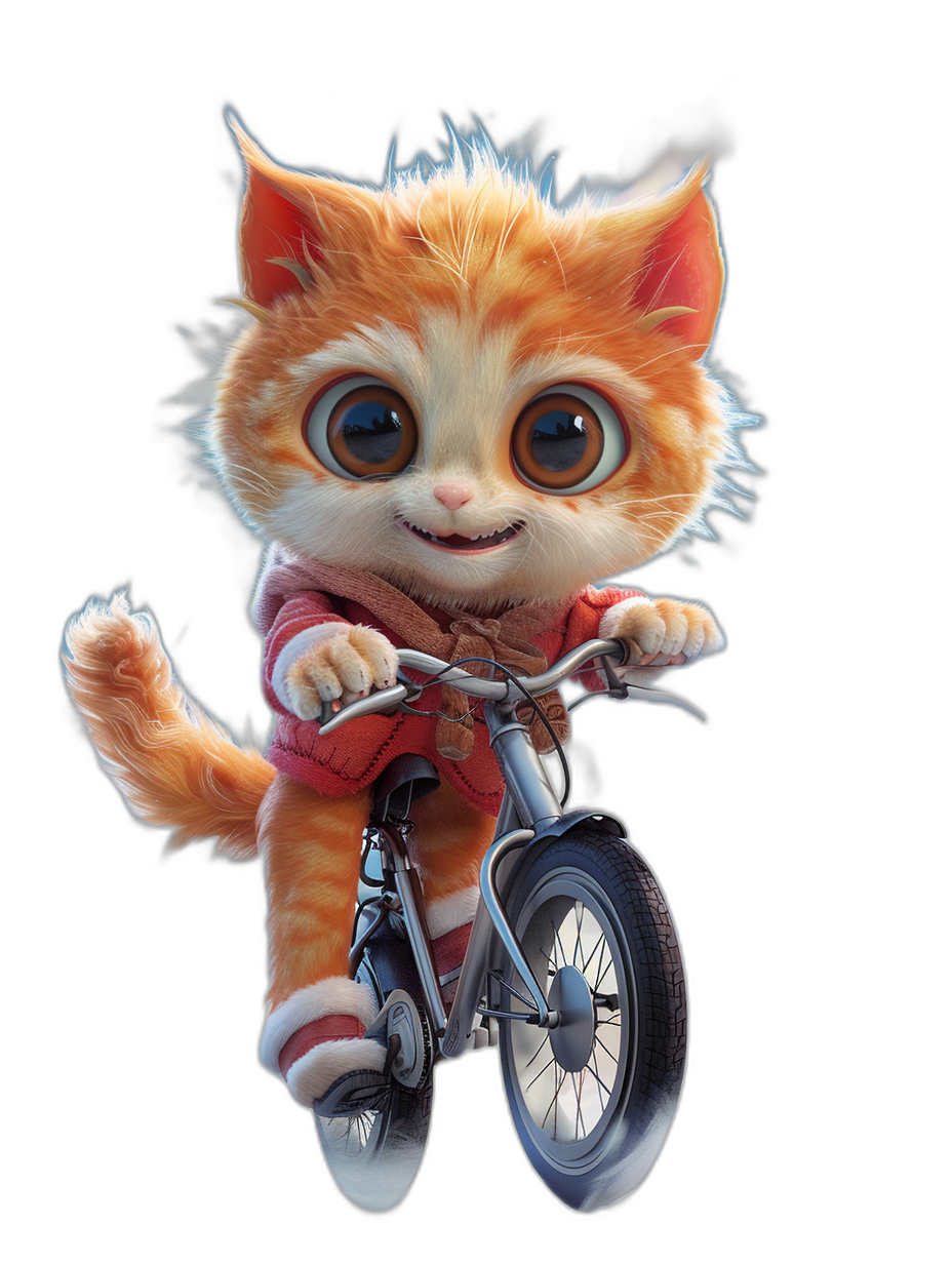 3d epic render of cute orange kitten riding bicycle wearing red sweater with big eyes isolated on black background, pixar style