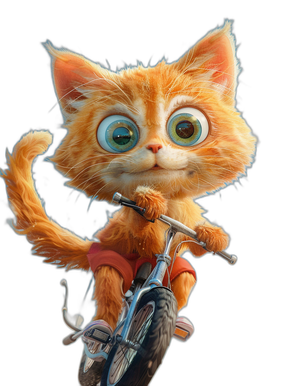 3D render, cute orange cat with big eyes riding on a bicycle, in the style of Pixar, cartoon background, black isolated background, full body view of the character, in the style of Disney, hyper realistic, octane rendering, 20k resolution, cinematic