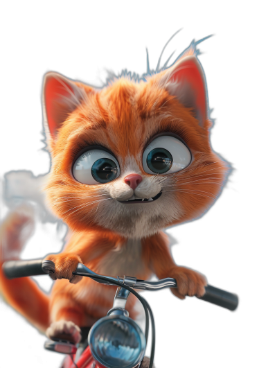 A cute orange cat riding on a bike, with big eyes and a happy expression, in the style of Pixar on a black background, with a cartoon character design, in high definition photography, with 3D rendering, using a cartoon character design, with bright colors, at a high resolution, with super detailed details and a super sharp focus.