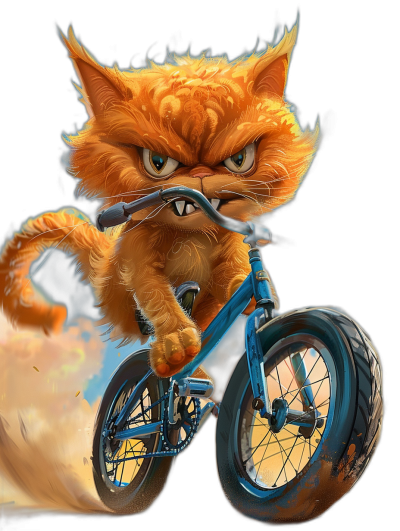 Illustration of an angry orange cat riding on the back wheel of a blue mountain bike in the style of digital art on a black background at high resolution