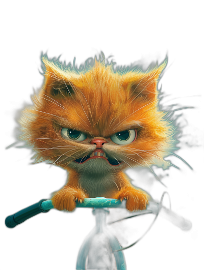 front view, angry orange cat with blue eyes on the bike, in the style of [Tiago Hoisel](https://goo.gl/search?artist%20Tiago%20Hoisel), caricature-like, playful caricatures all in dark background