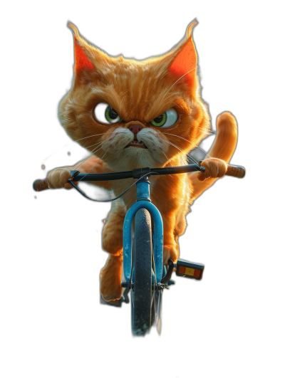 front view of an angry orange cat riding on the handlebar of a bicycle, in the style of Pixar, black background, high resolution, high quality