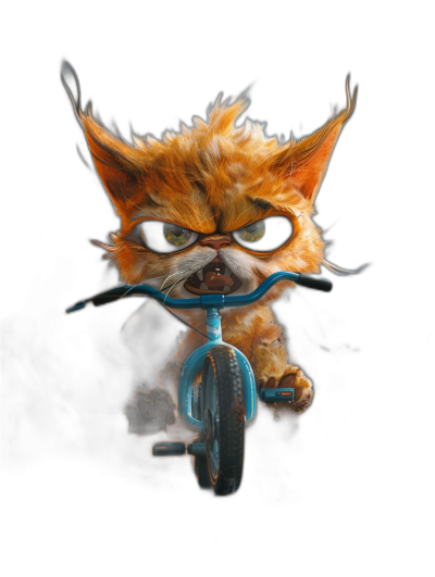 hyper realistic digital illustration of an angry ginger cat with big eyes and black glasses riding on the front of a blue bicycle, isolated against a dark background, in the style of a cinematic, fantasy style