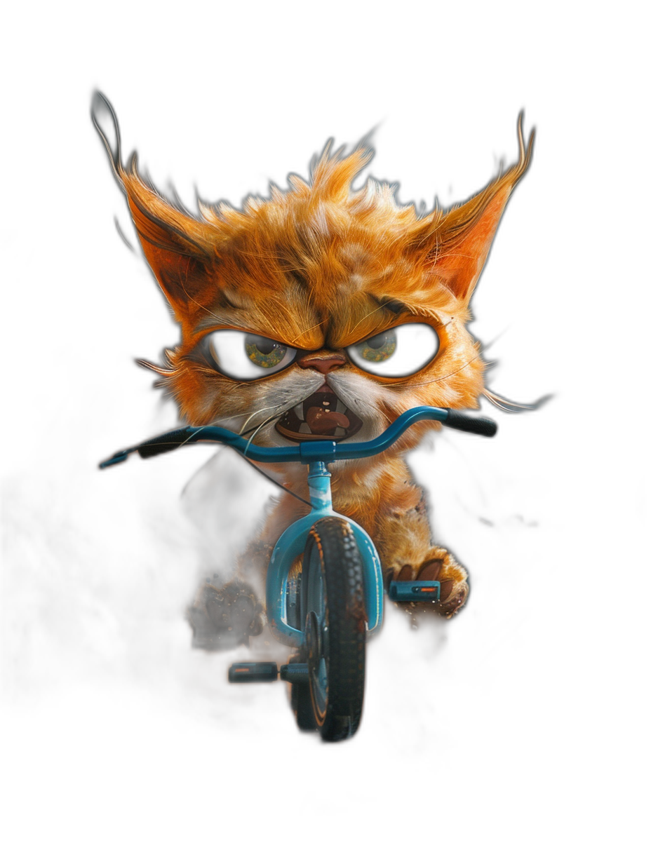 hyper realistic digital illustration of an angry ginger cat with big eyes and black glasses riding on the front of a blue bicycle, isolated against a dark background, in the style of a cinematic, fantasy style