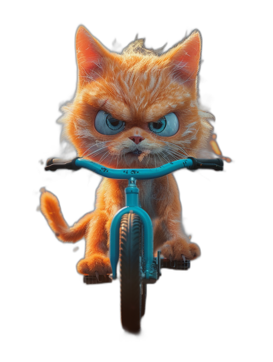 front view of an angry orange cat with blue eyes riding on a bike against a black background, in the style of Disney Pixar with a character design in hyper-realistic 3D rendering, cute and adorable kitten character design shown in full body with an adorable expression of anger, cute big bright beautiful eyes, black sky