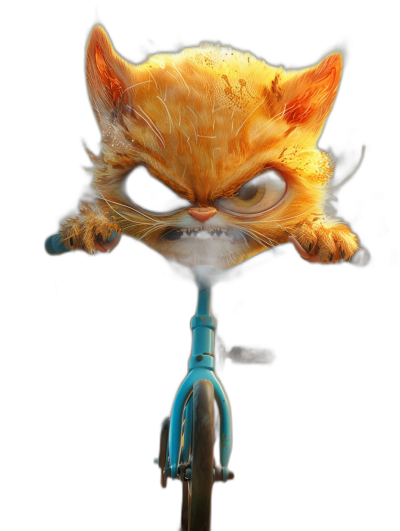 angry cute cat on the front of bicycle, digital art in the style of [Greg Rutkowski](https://goo.gl/search?artist%20Greg%20Rutkowski) and in the style of [Thomas Kinkade](https://goo.gl/search?artist%20Thomas%20Kinkade), 3d render, cartoon style, pixar, isolated black background