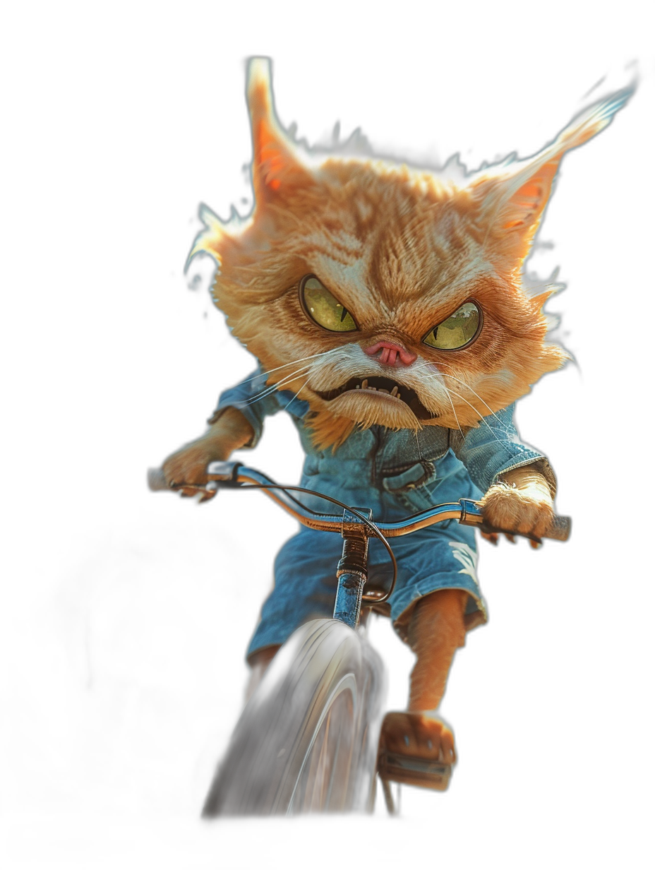 Character design of an angry orange cat riding a bicycle, wearing a blue shirt and shorts, black background, concept art in the style of Pixar studio, cinematic lighting