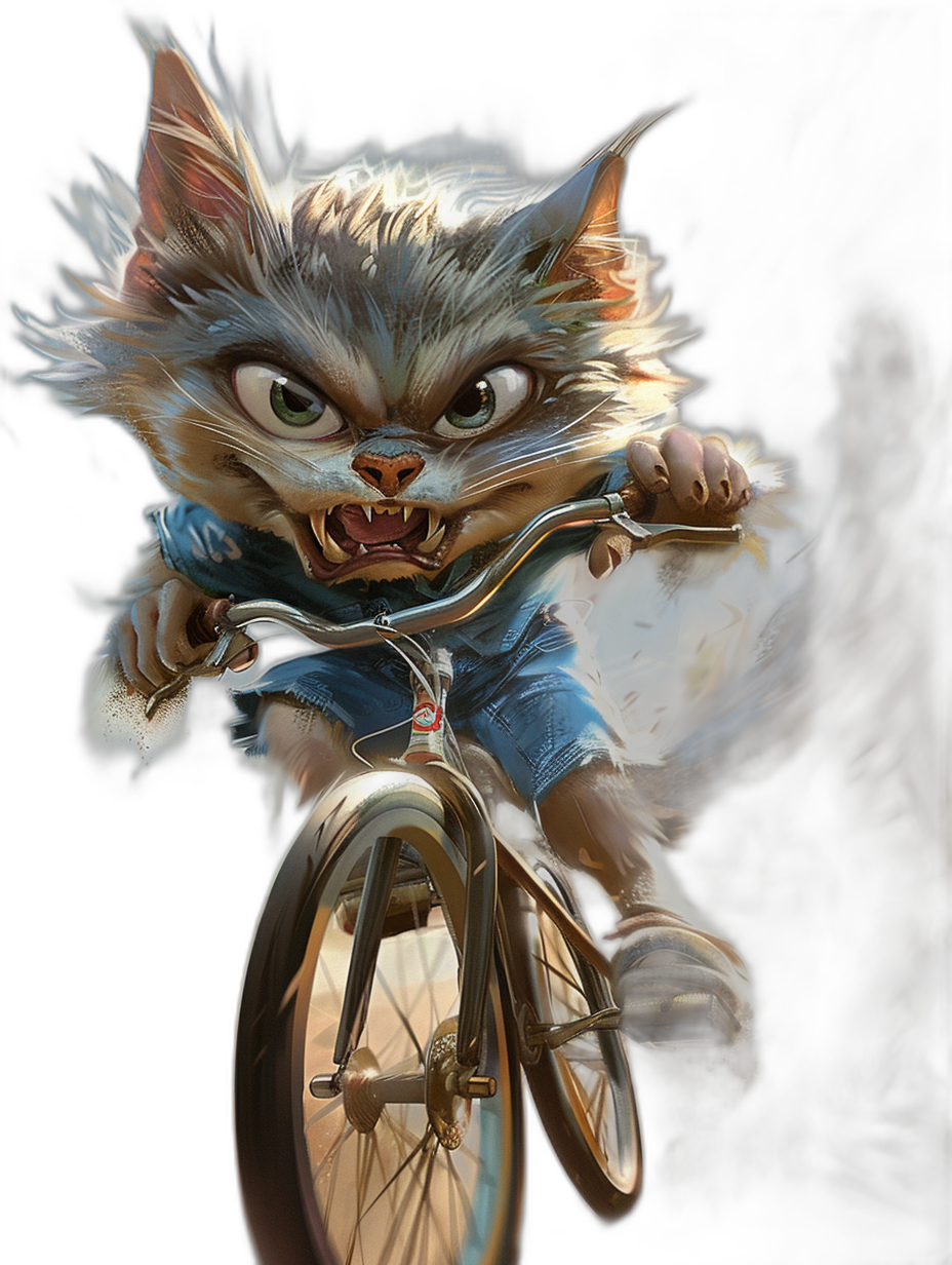 hyper realistic digital art of an angry yet cute anthropomorphic cat riding a bicycle wearing blue shorts and a white shirt against a dark background, with big eyes and sharp teeth. The cat is holding the handle bars while racing fast in the style of a cartoon, with high detail and high resolution.