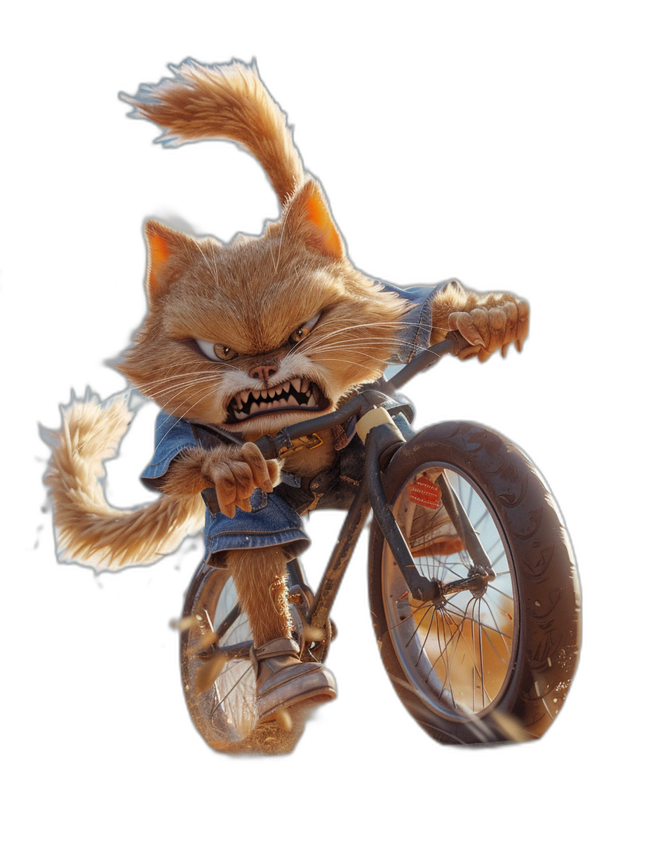 A full-body photorealistic and detailed illustration of an angry ginger cat riding on the back wheel of a BMX bike, with blue jeans and a white t-shirt, isolated on a black background with cinematic lighting, in the style of Disney Pixar.