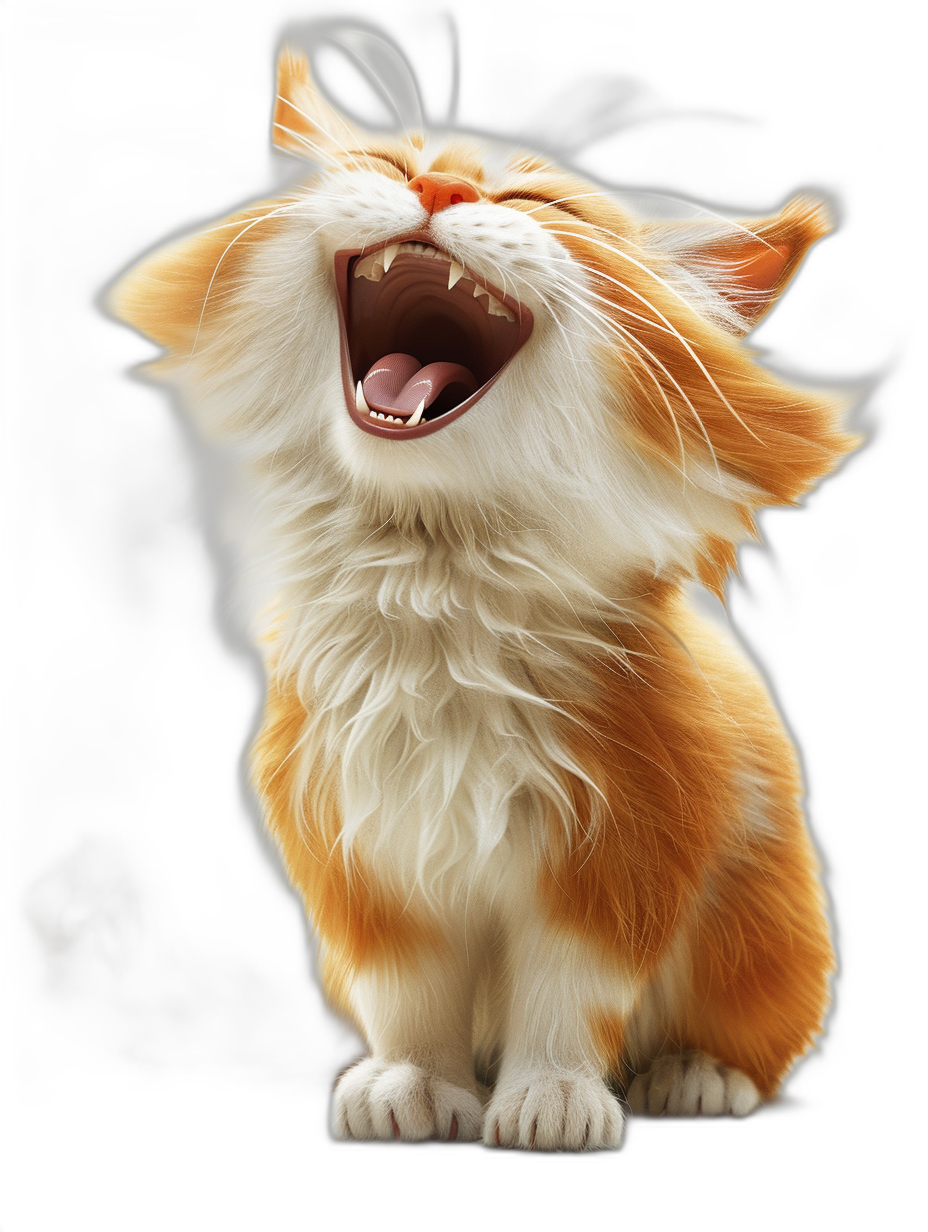 photorealistic, full body of happy cute fluffy orange and white cat howling with his mouth open on black background