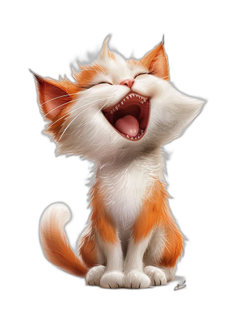 Cute orange and white cat laughing, in the style of Pixar, black background, digital art, high resolution