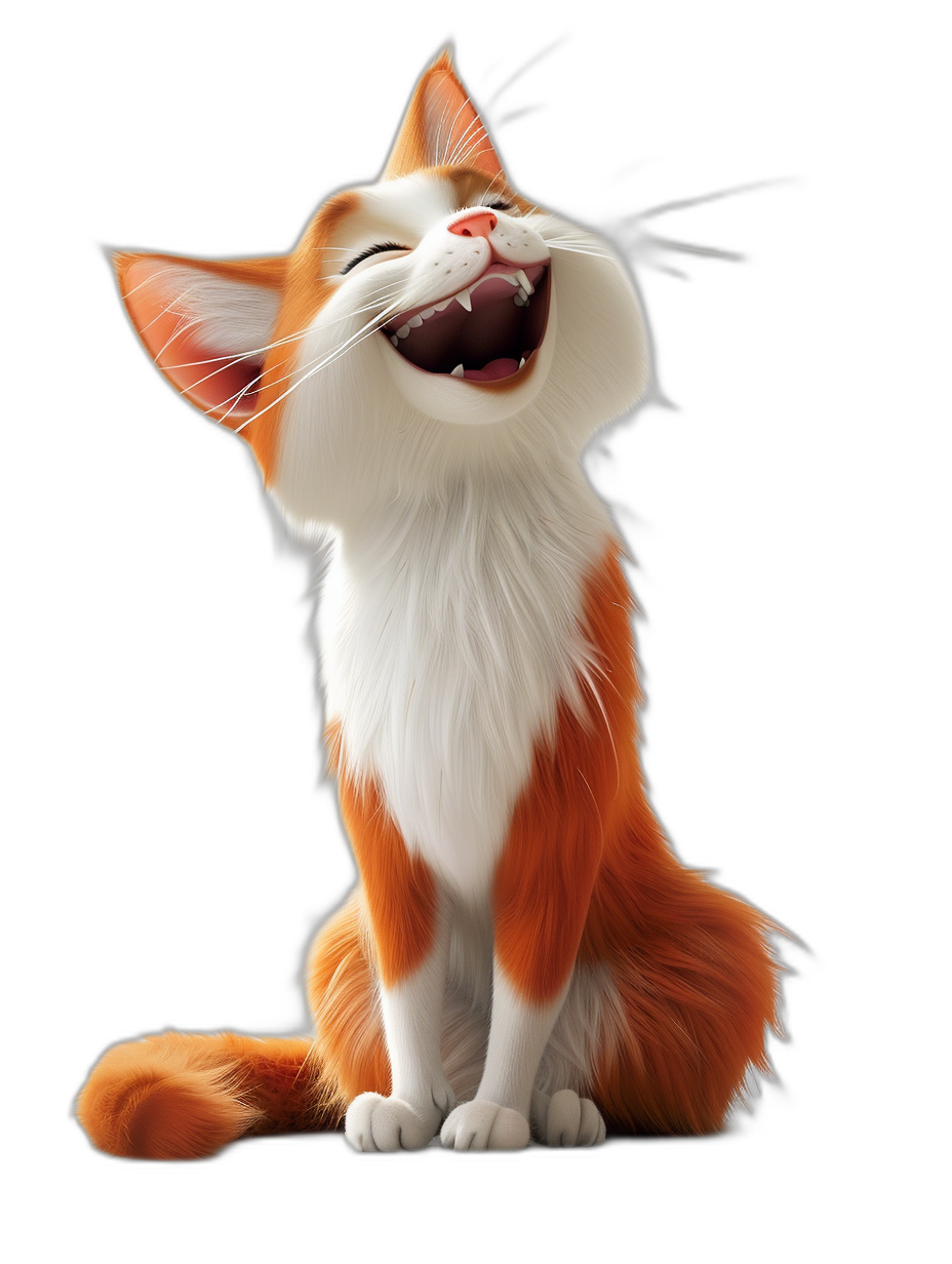 A cute orange and white cat laughing against a black background, in the style of Disney, with Pixar animation techniques, character design aspects, using renderman software, in a cartoon rendering style, as a full body shot, with high resolution, high detail, and high quality definition.