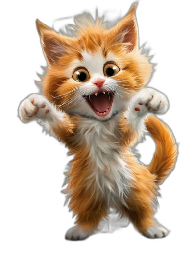 A cute happy smiling orange and white kitten dancing on a black background in the style of Disney with big eyes, rendered in octane, with high resolution and highly detailed photography.