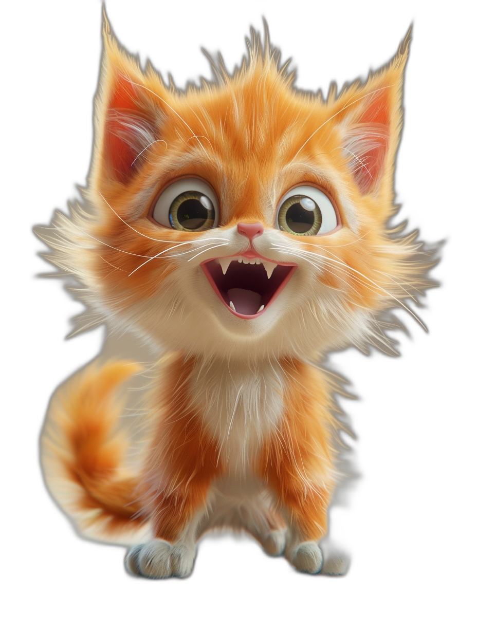 A cute happy smiling ginger cat in the style of Disney, Pixar animation character design, 3D renderman cartoon rendering on a black background, cute adorable pet portrait with high resolution, hyper realistic fur, big eyes, highly detailed fur.