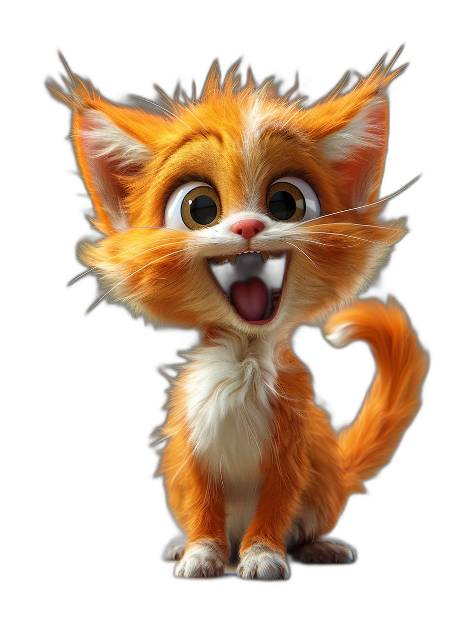 3D render of a happy smiling orange cat in the style of Pixar, cute and adorable, on a black background, cartoon character concept art, 2D game illustration inspired by Pixar, character design inspired by Pixar, cute, adorable, fantasy, detailed fur, soft lighting, bright colors, high resolution, high detail, sharp focus.