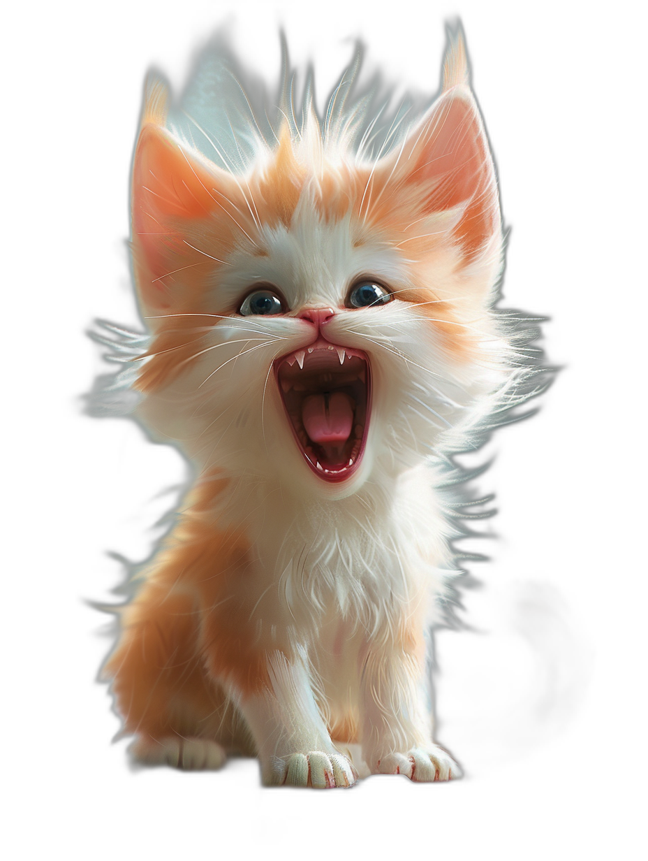 3D render of a happy cute white and orange kitten with its mouth open, on a black background, in the style of [Studio Ghibli](https://goo.gl/search?artist%20Studio%20Ghibli), concept art in the style of Pixar, character design sheet