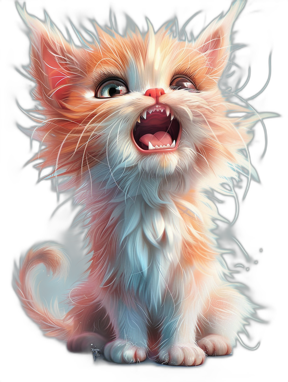 cartoon digital art, a hyper realistic illustration of an adorable smiling kitten with long white and orange fur, mouth open showing teeth, on a black background, fantasy artwork, with hyper detailed, fantasy concept art, in sharp focus, with ultra-detailed, intricate details, highly colored, with ambient occlusion, volumetric lighting, glowing contrast