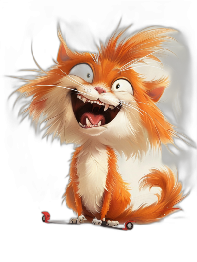 pixar style cartoon character of an orange and white fluffy cat with long hair, laughing on a skate board against a black background, in the style of hyper realistic