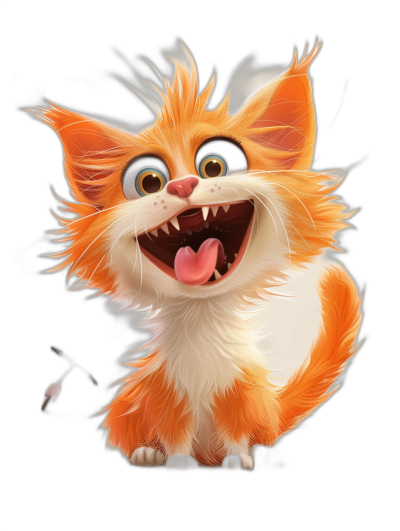 smiling cute orange and white cat, cartoon style, black background, digital art in the style of Disney Pixar studio, adorable, cute, funny, playful, detailed fur texture, happy mood, bright colors, soft lighting, cartoon character design