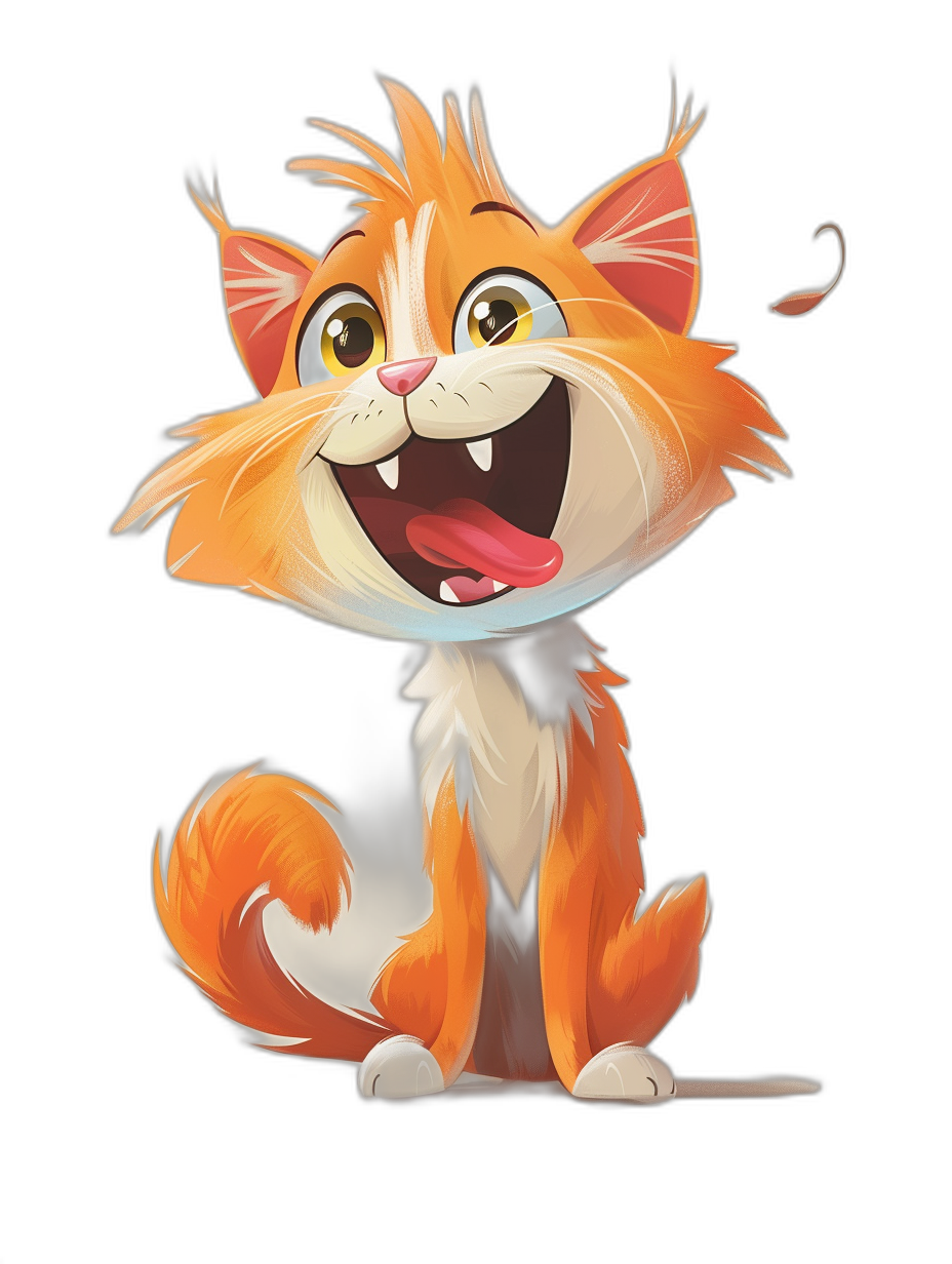 Illustration of an orange and white cat smiling in the style of Disney Pixar cartoon style on a black background. The cat has big eyes, a big head, big ears, and a big smile with a small body, small legs, small tail, and small feet.